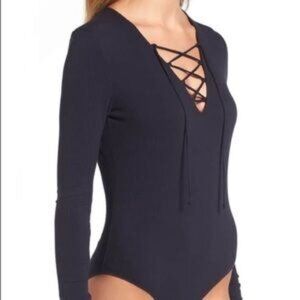 Trouve Navy Ribbed Lace Up Long Sleeve Bodysuit